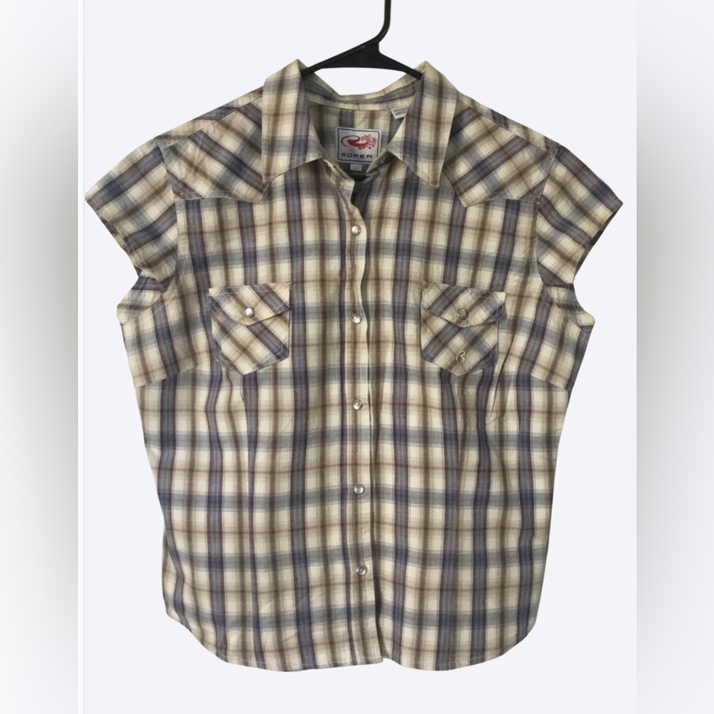 Roper Short Sleeve Plaid Button-Down Shirt in Cream, Brown & Blue